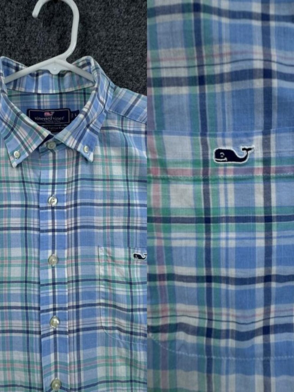 Vineyard Vines Lightweight Madras Blue Green Large Logo Button-Down Plaid Cotton